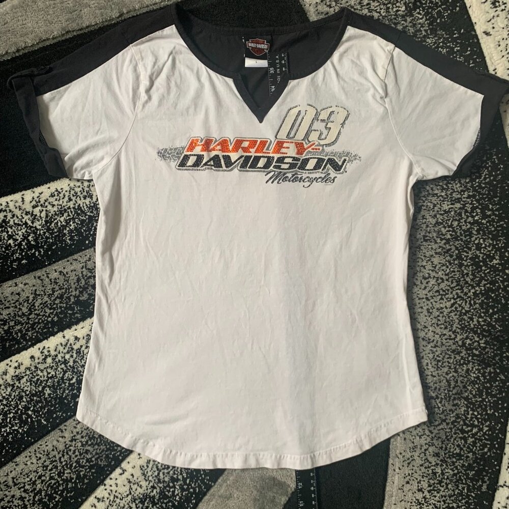 Women's Harley Davidson Bedazzled Orange and Black Letters V-neck White Shirt